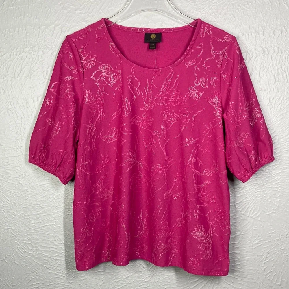 JM Collection Pink Textured Glitter Floral Elbow Sleeve Scoop Neck Top P… - Picture 3 of 9